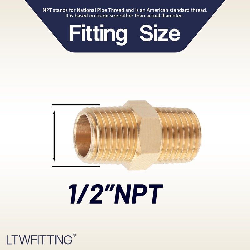 LTWFITTING Brass Pipe Hex Nipple Fitting 1/2 x 1/2 Inch Male Pipe NPT MNPT MPT Air Fuel Water(Pack of 5) - Image 2
